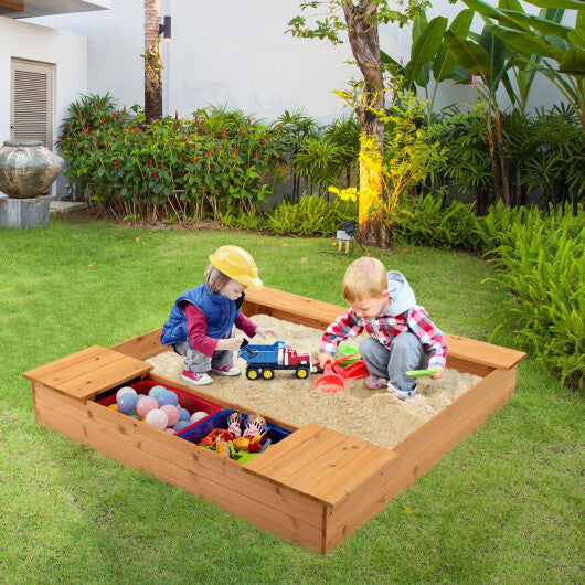 Kids Wooden Sandbox with Bench Seats and Storage Boxes - Color: Natural - Minihomy