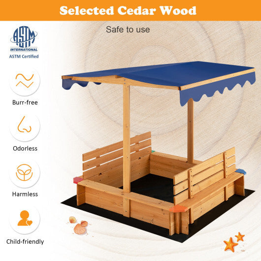 Kids Wooden Sandbox with Canopy and 2 Bench Seats - Color: Natural - Minihomy