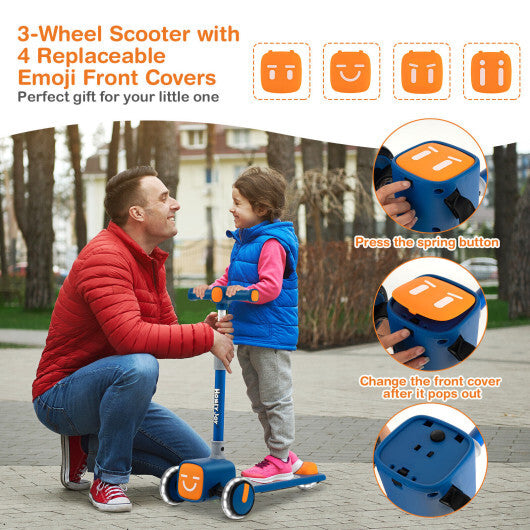 Folding Adjustable Kids Toy Scooter with LED Flashing Wheels Horn 4 Emoji Covers-Blue - Minihomy