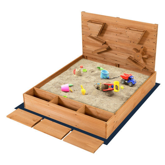 Kids Wooden Square Sandbox with Cover - Color: Brown - Minihomy