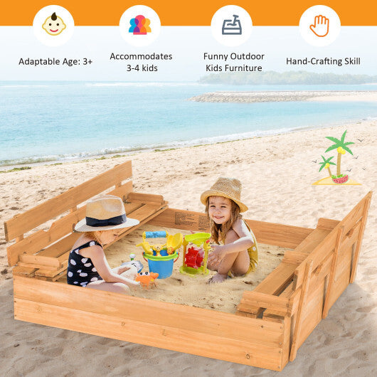 Kids Wooden Sandbox with 2 Foldable Bench Seats - Color: Brown - Minihomy