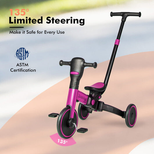 4-in-1 Kids Tricycle with Adjustable Parent Push Handle and Detachable Pedals-Pink - Color: Pink - Minihomy