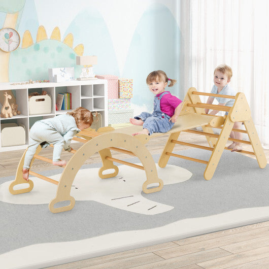 Wooden Kids Climber Toys with Triangle Arch Ramp for Sliding Climbing-Natural - Color: Natural