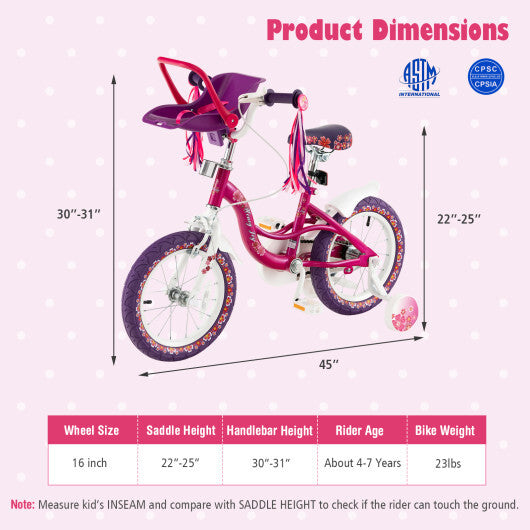 Kids Bike with Doll Seat and Removable Training Wheels-M - Color: Pink & Purple - Size: M - Minihomy