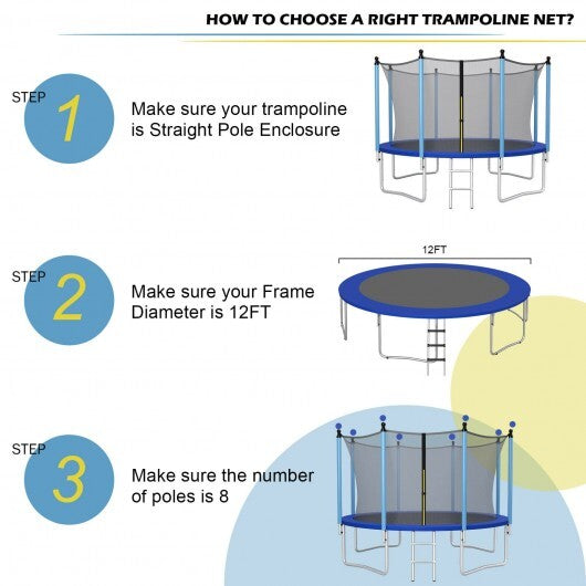 12Ft Replacement Weather-Resistant Trampoline Safety Enclosure Net - Color: Black - Size: 12 ft - Minihomy