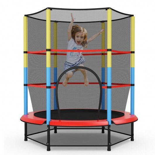 55 Inches Kids Trampoline Recreational Bounce Jumper with Safety Enclosure Net - Color: Multicolor - Minihomy