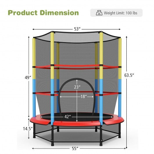 55 Inches Kids Trampoline Recreational Bounce Jumper with Safety Enclosure Net - Minihomy