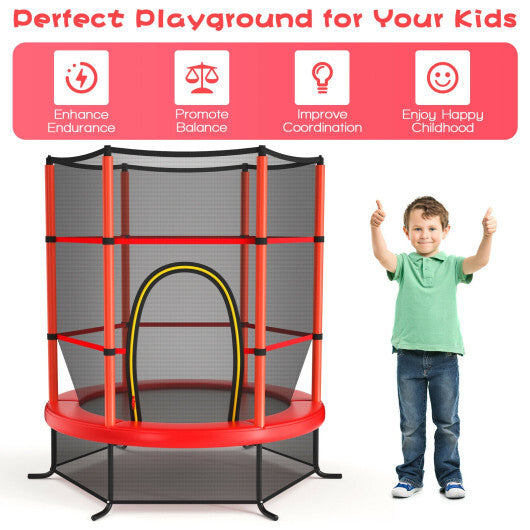 55 Inch Kids Recreational Trampoline Bouncing Jumping Mat with Enclosure Net-Red - Color: Red - Minihomy