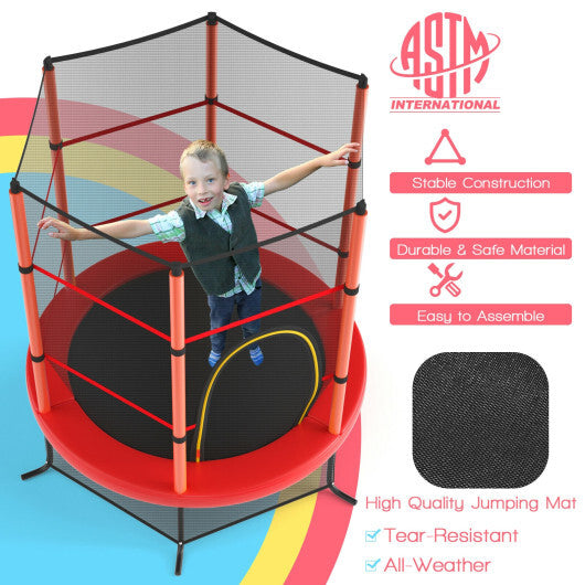 55 Inch Kids Recreational Trampoline Bouncing Jumping Mat with Enclosure Net-Red - Color: Red - Minihomy