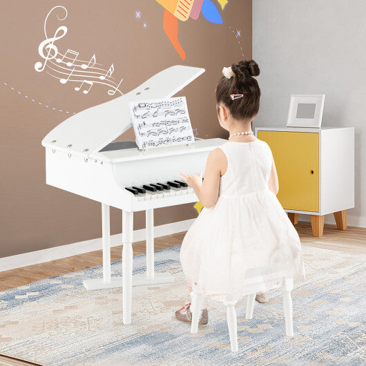 30-Key Kids Piano Keyboard Toy with Bench Piano Lid and Music Rack-White - Color: White - Minihomy