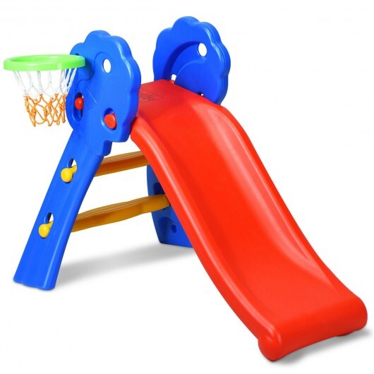 2 Step Indoors Kids Plastic Folding Slide with Basketball Hoop - Minihomy