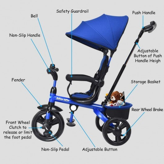 4-in-1 Kids Tricycle with Adjustable Push Handle-Blue - Color: Blue - Minihomy