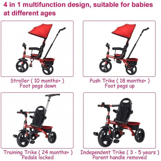 4-in-1 Kids Tricycle with Adjustable Push Handle-Red - Color: Red - Minihomy