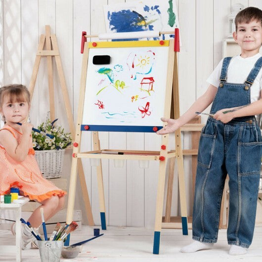 All-in-One Wooden Height Adjustable Kid's Art Easel with Magnetic Stickers and Paper - Color: Multicolor - Minihomy