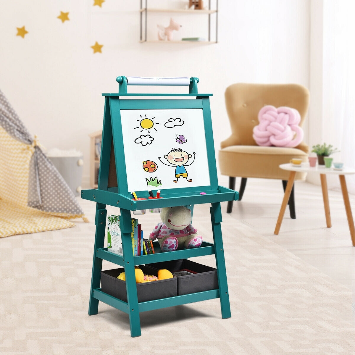 3 in 1 Double-Sided Storage Art Easel-Green - Color: Green - Minihomy