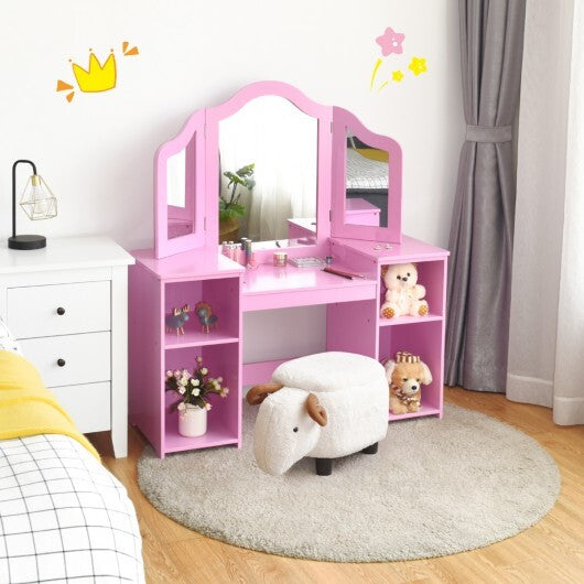 Kids Tri Folding Mirror Makeup Dressing Vanity Table Set-Pink - Color: Pink - Minihomy