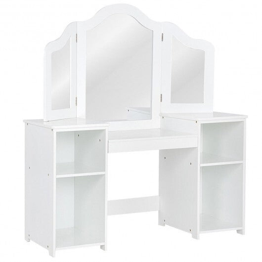 Kids Tri Folding Mirror Makeup Dressing Vanity Table Set-White - Color: White - Minihomy