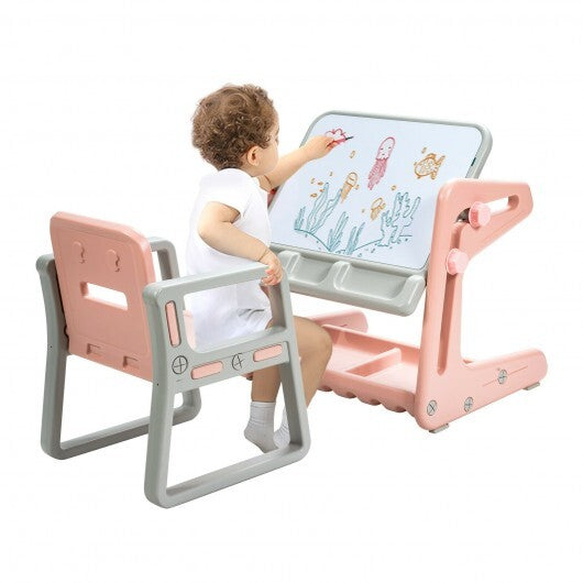 2 in 1 Kids Easel Table and Chair Set  with Adjustable Art Painting Board-Pink - Color: Pink - Minihomy