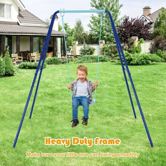 Outdoor Kids Swing Set with Heavy-Duty Metal A-Frame and Ground Stakes-Blue - Color: Blue - Minihomy