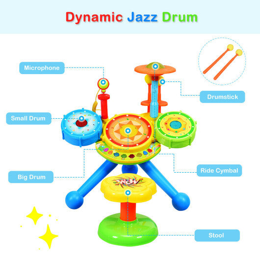 Kids Electric Jazz Drum Set with Stool Microphone and LED Light - Minihomy