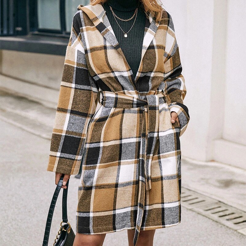 Loose Casual Plaid Mid-length Belted Hood - Minihomy