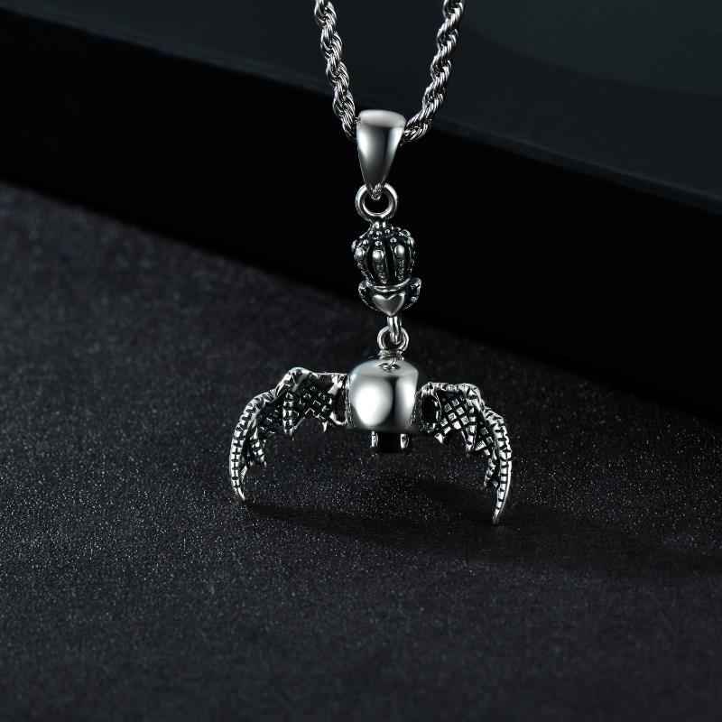 Gothic Skeleton Pendants Necklace with Bat Crown for Men Sterling Silver Matte Gift for Teens - Minihomy