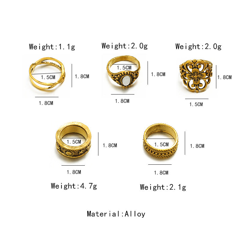 Vintage Hollow Carving Patterns Inlaid With Gemstones 5-Piece Combination Joint Ring - Minihomy