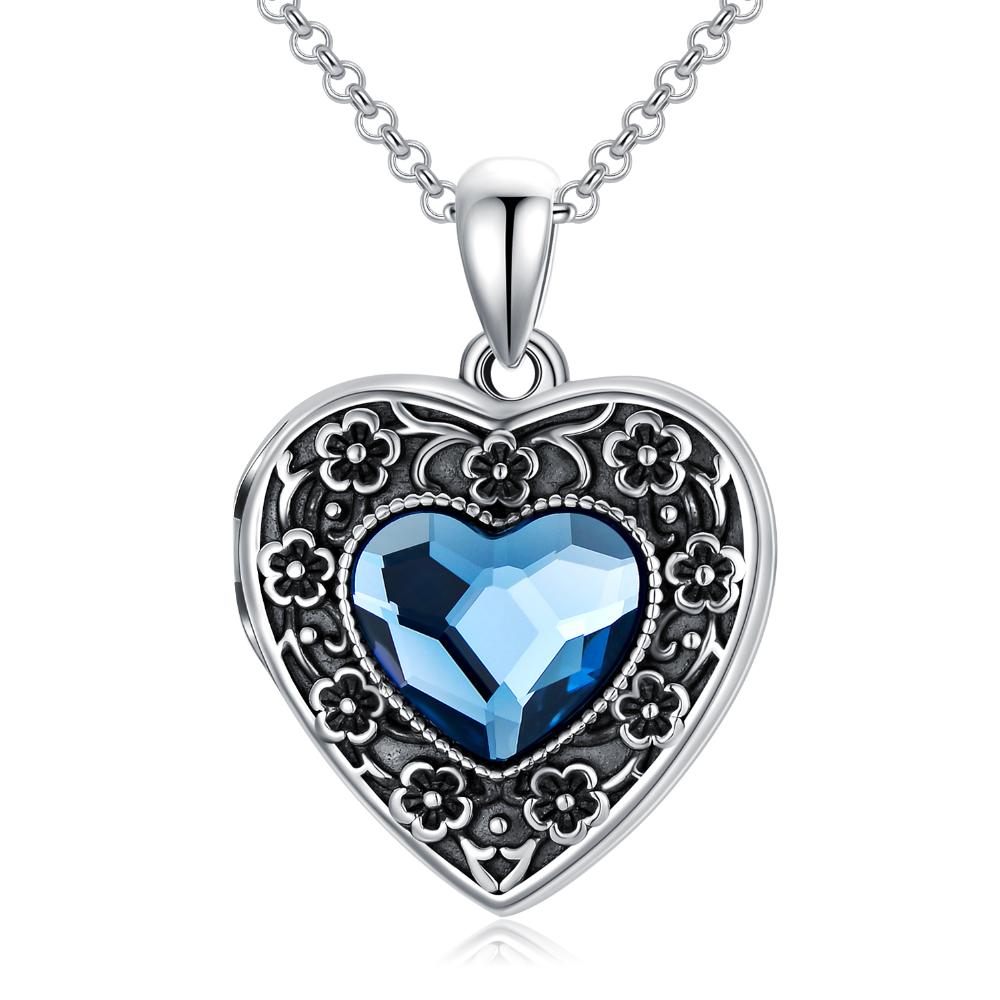 Sterling Silver Vintage Heart Crystal Pendant Flower Photo Lockets Necklace for Women