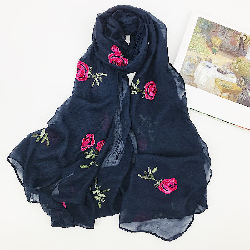 Embroidered Flower Rose Chiffon Ethnic Wind Sunscreen Shawl Beach Gauze Silk Scarf - Minihomy