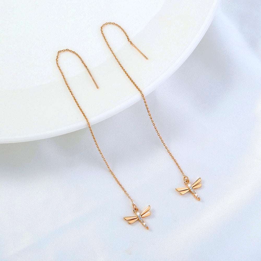 Gold Copper Dragonfly Micro-Set Zircon Long Tassel Ear Wire - Minihomy