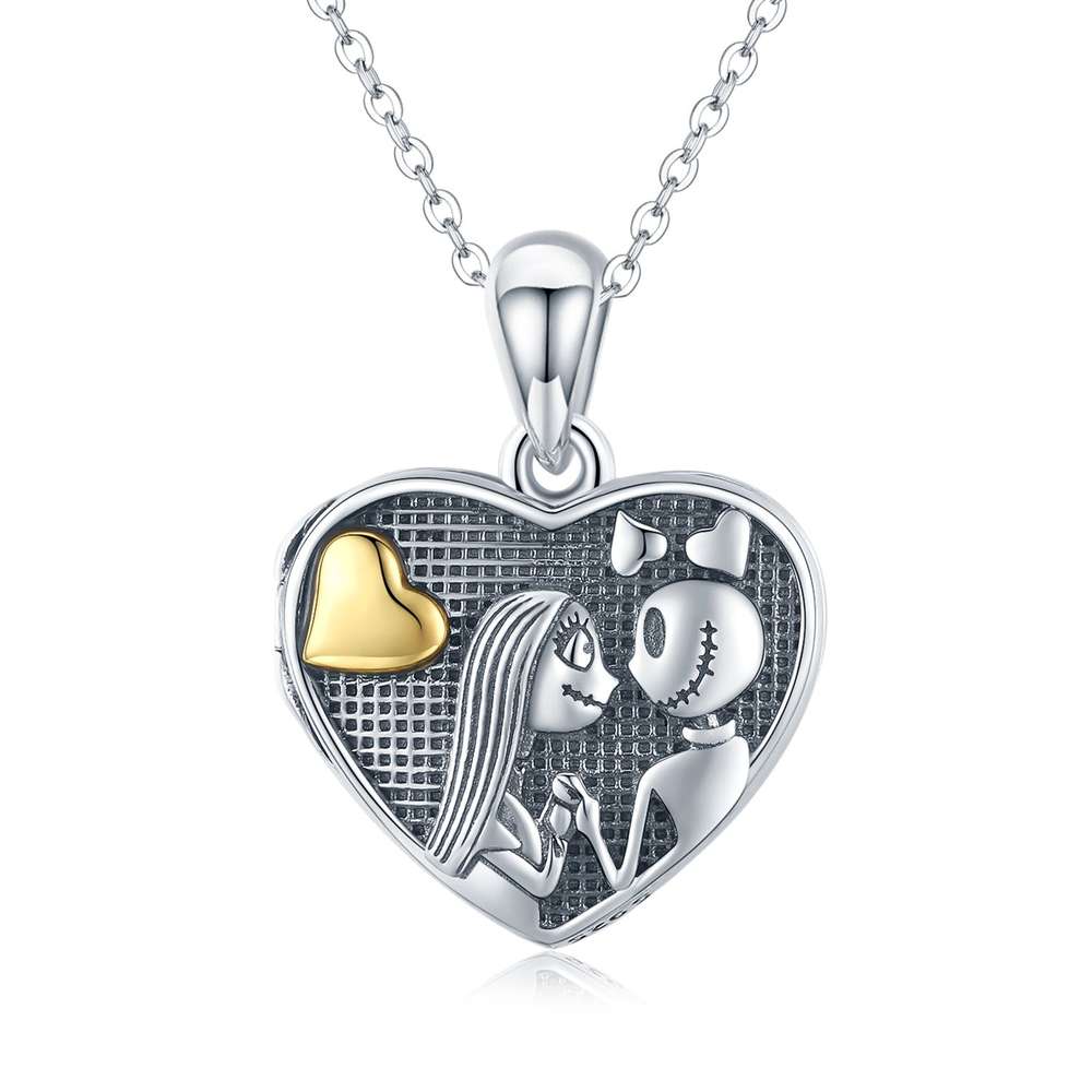 925 Sterling Silver Jack Skellington and Sally Heart Necklace That Holds Pictures Jewelry Gift for Women Gilrfriend Christmas - Minihomy