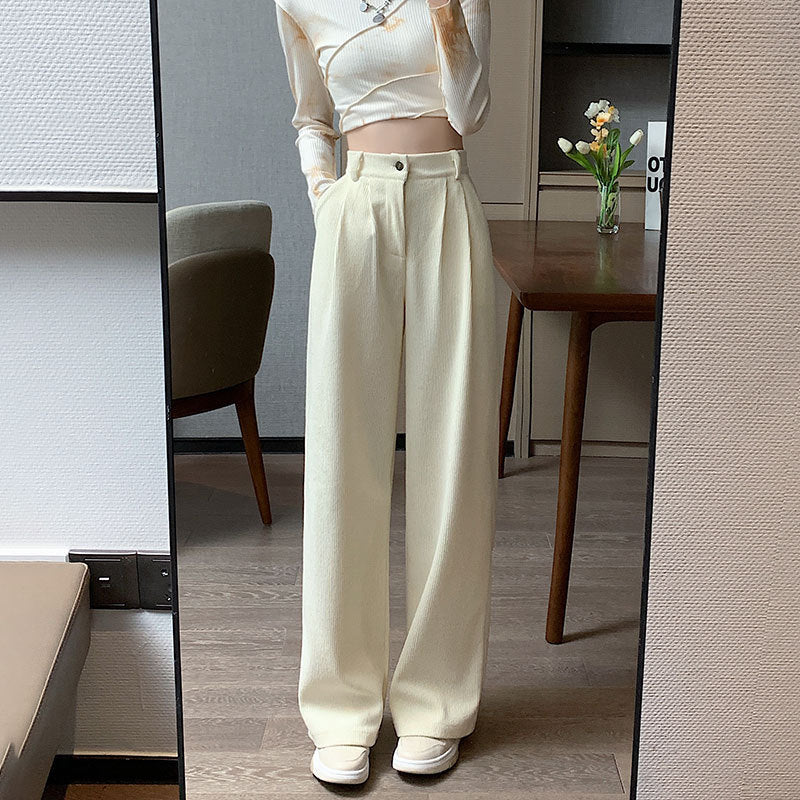 Corduroy Wide Leg Pants High Waist Loose Straight Drape Casual Retro - Minihomy