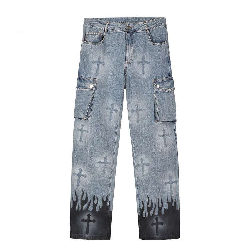 High Street Retro Cross Graffiti Loose Straight Jeans - Minihomy