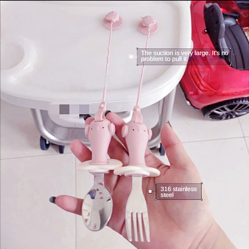 Infant Stainless Steel Training Spoon Fork Silicone Anti-drop for Children's - Minihomy