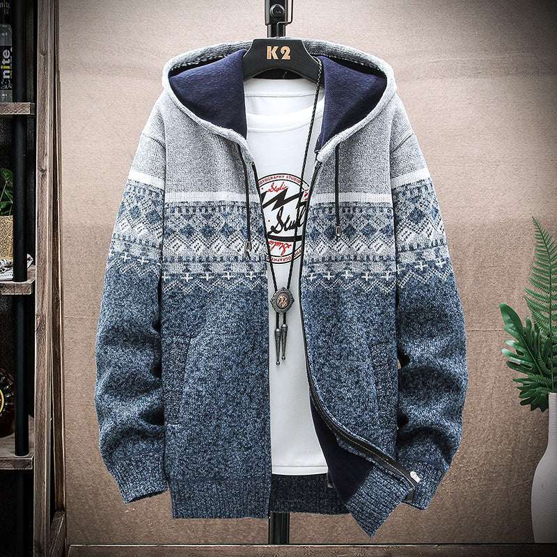 Hooded Cardigan Knitted Thick Plus Fleece Sweater Men - Minihomy