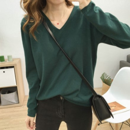 Loose Slimming V-neck Solid Color Long-sleeved Sweater - Minihomy