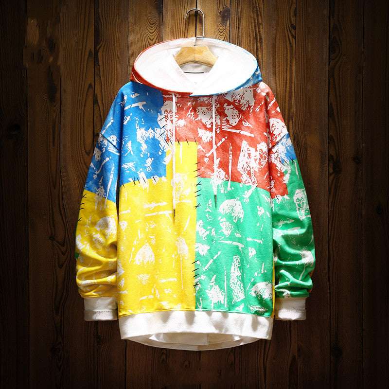 Men's Stitching Contrast Graffiti Hooded Sweater - Minihomy