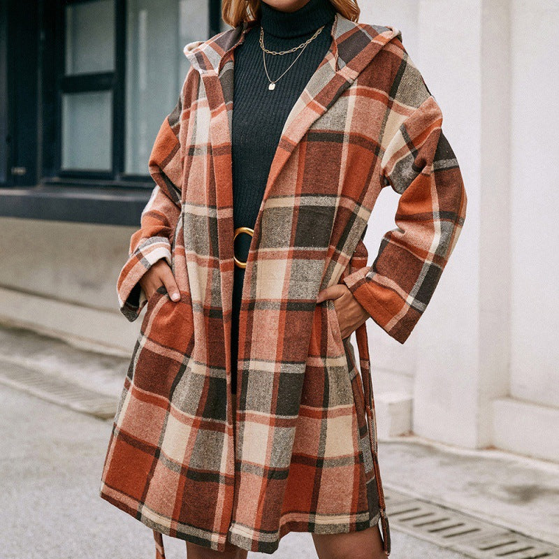 Loose Casual Plaid Mid-length Belted Hood - Minihomy