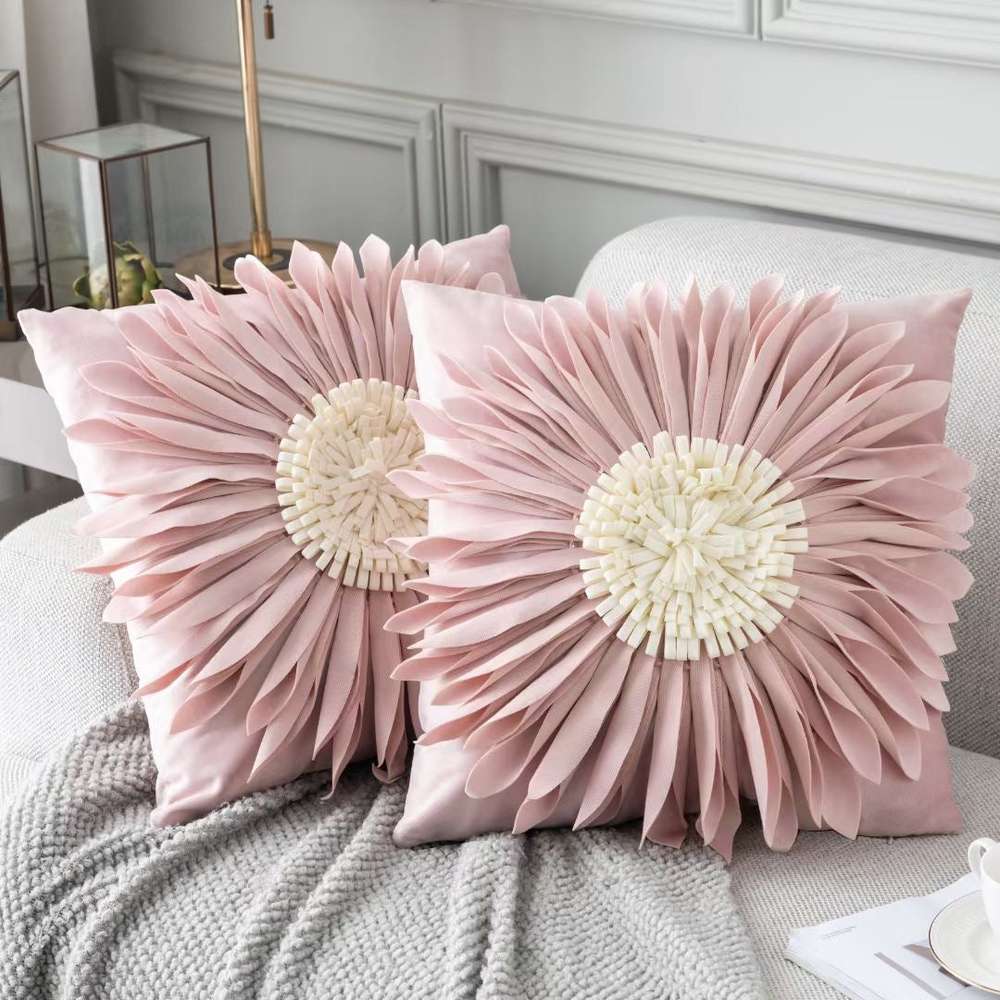 Modern Style White Throw Pillows Velvet Stitching 3D Chrysanthemum Cushion Waist Pillow Blue Cushion Case - Minihomy