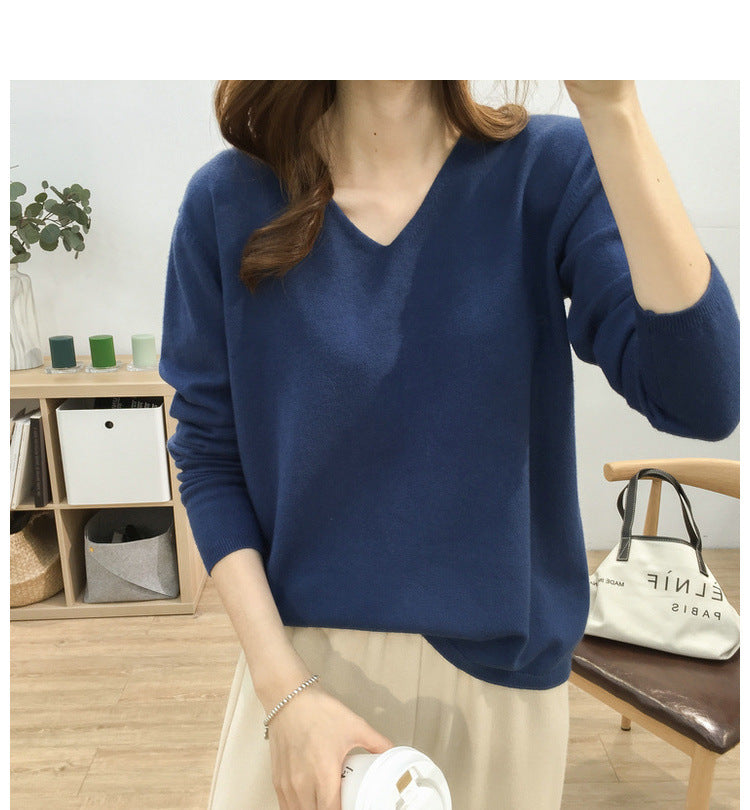 Loose Slimming V-neck Solid Color Long-sleeved Sweater - Minihomy