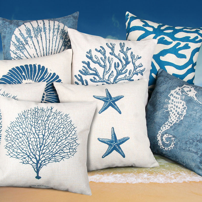 Blue Mediterranean Ocean Style Pillowcase Shell Starfish Coral Cushion - Minihomy