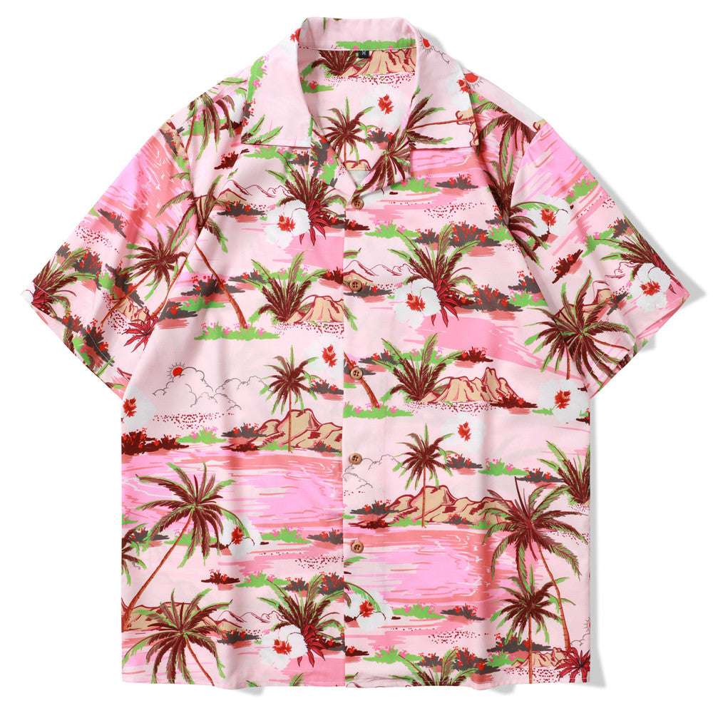 Men Short Sleeve Shirts Vintage Flower Print Streetwear Retro Summer Man Blouse - Minihomy