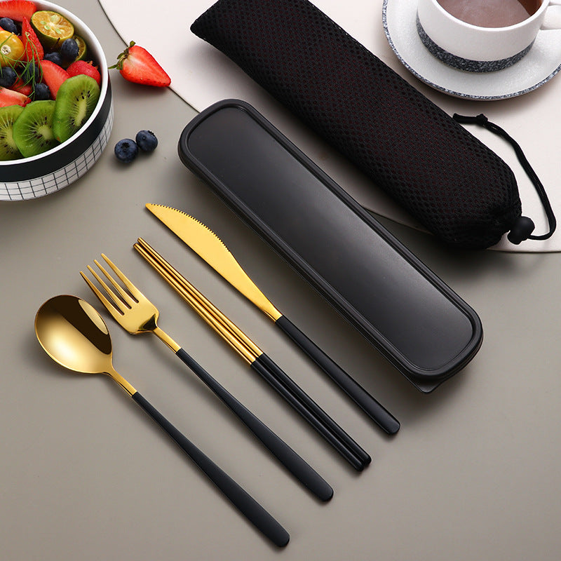 304 Dinnerware Set Flatware Kitchen Accessories Camping Travel Sets Gold Knife Fork Spoon Portable Cutlery Sets With Case - Minihomy