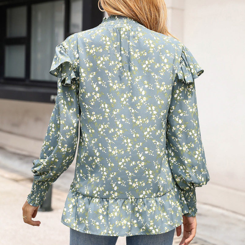 Loose Small Floral Stand-up Collar Ruffled Long-sleeved Shirt - Minihomy