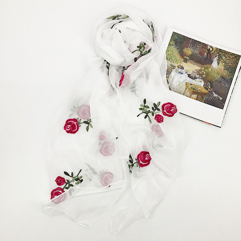 Embroidered Flower Rose Chiffon Ethnic Wind Sunscreen Shawl Beach Gauze Silk Scarf - Minihomy