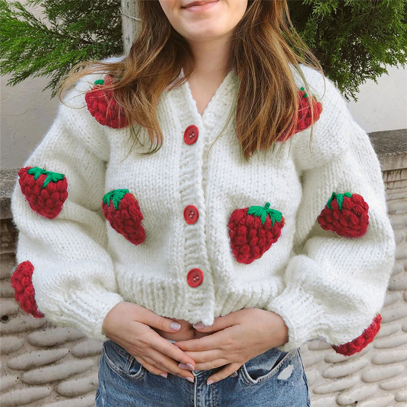 Female Cute Strawberry Loose V-neck Cardigan Sweater - Minihomy