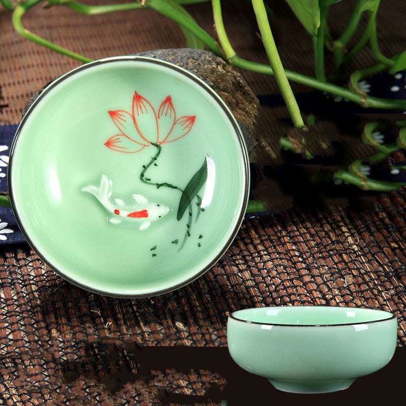 Celadon Hand-painted Ceramic Teacup Kung Fu Tea Set Carp Creative - Minihomy