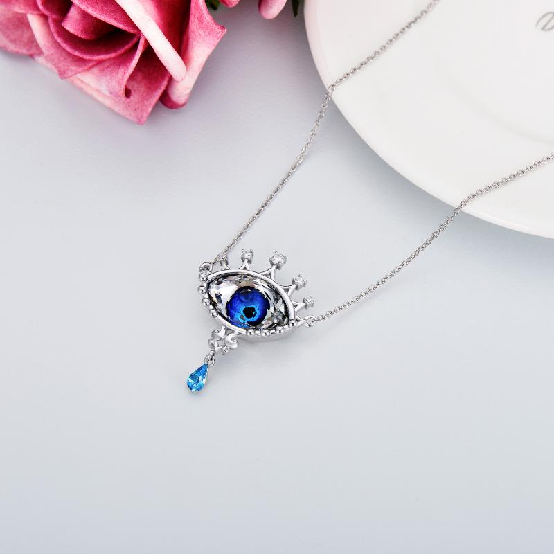 s925 Sterling Silver Evil Eye Delicate Eye with Blue Crystal Pendant Necklace