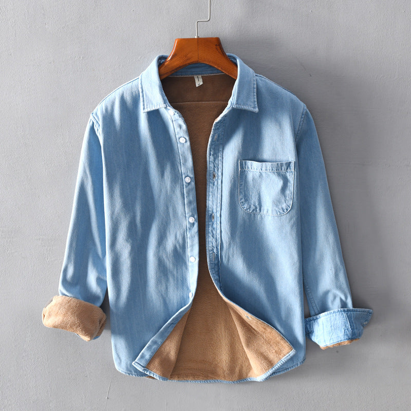 Plush Denim Long Sleeved Shirt Korean Loose Casual Cotton Shirt Jacket - Minihomy