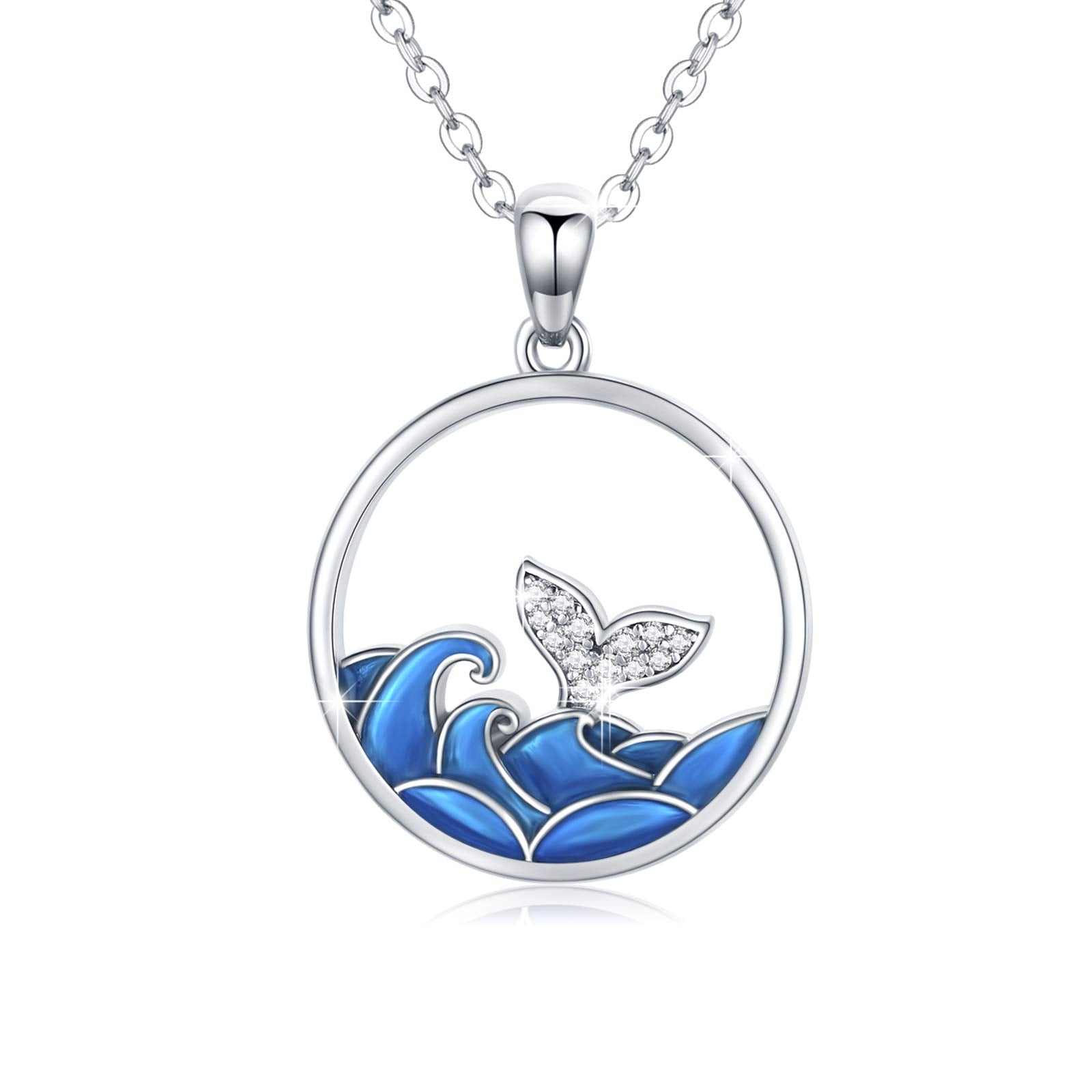 925 Sterling Silver Dolphin Jumping Tail Waves Whale Pendant Blue Wave Gradient Dainty Jewelry - Minihomy